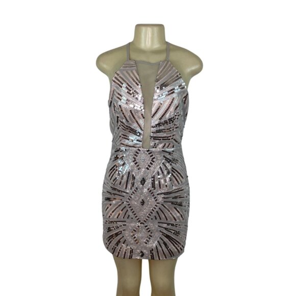 Dear Moon Womens  Nude & Silver Sequin Mini Cocktail Evening Dress SZ 9 - Picture 1 of 9